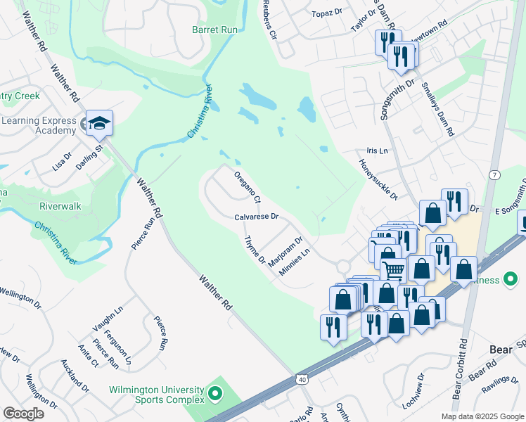 map of restaurants, bars, coffee shops, grocery stores, and more near 503 Coriander Court in Bear