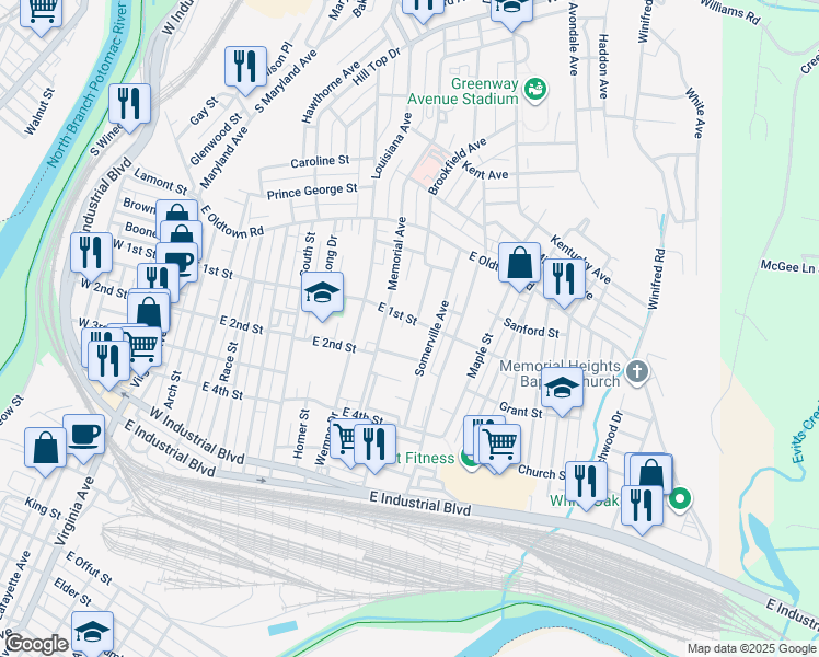map of restaurants, bars, coffee shops, grocery stores, and more near 635 East 1st Street in Cumberland