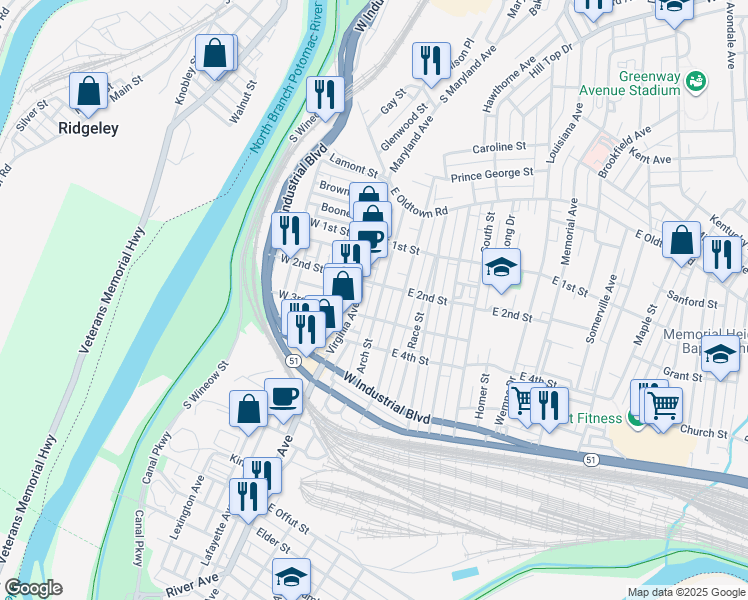 map of restaurants, bars, coffee shops, grocery stores, and more near 209 Arch Street in Cumberland