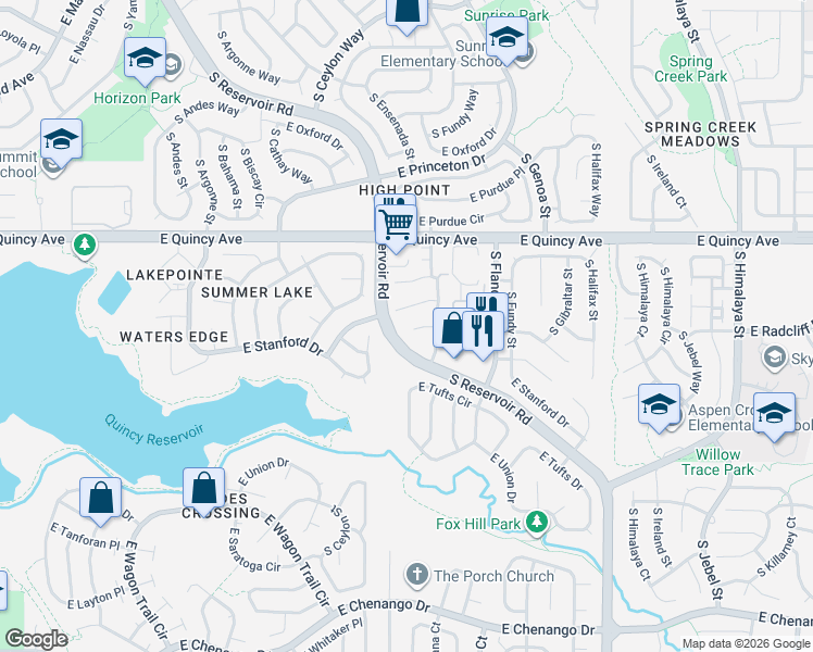 map of restaurants, bars, coffee shops, grocery stores, and more near 19336 East Radcliff Place in Aurora
