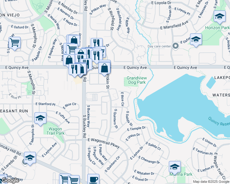 map of restaurants, bars, coffee shops, grocery stores, and more near 17375 East Rice Circle in Aurora