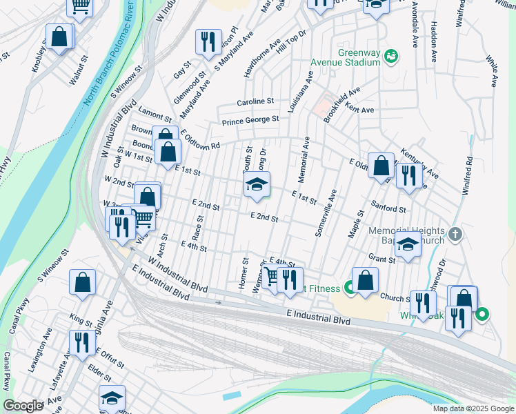 map of restaurants, bars, coffee shops, grocery stores, and more near 500 East 2nd Street in Cumberland