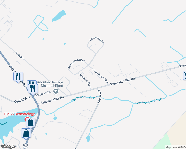 map of restaurants, bars, coffee shops, grocery stores, and more near 116 Jamestown Boulevard in Hammonton