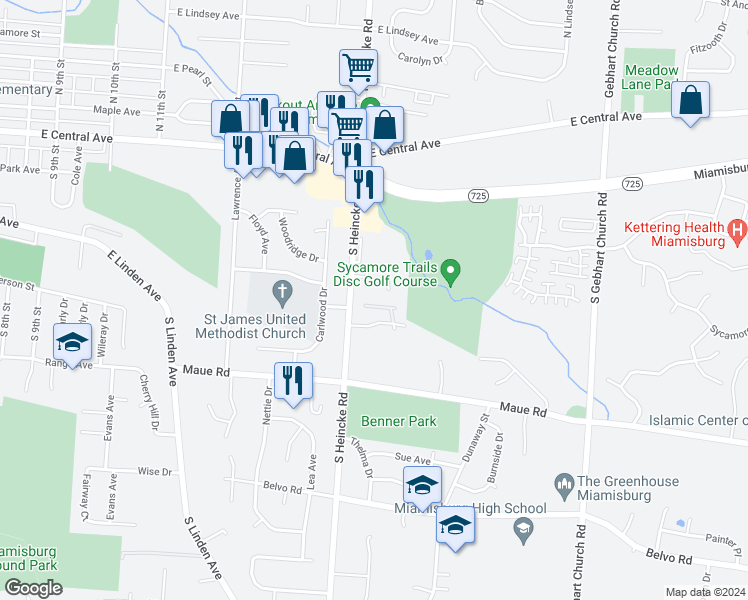 map of restaurants, bars, coffee shops, grocery stores, and more near 1521 Sycamore Commons Drive in Dayton