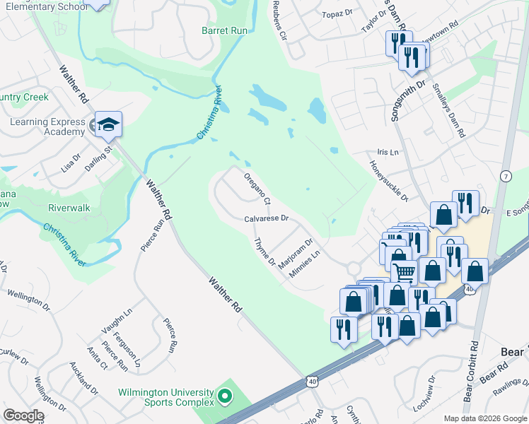 map of restaurants, bars, coffee shops, grocery stores, and more near 28 Calvarese Drive in Bear