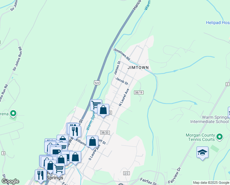 map of restaurants, bars, coffee shops, grocery stores, and more near 719 Harrison Avenue in Berkeley Springs
