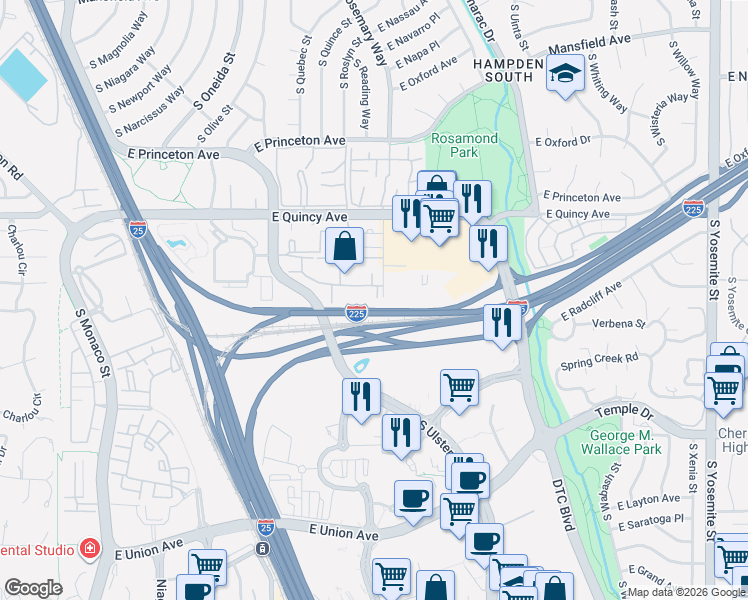 map of restaurants, bars, coffee shops, grocery stores, and more near 4400 South Quebec Street in Denver