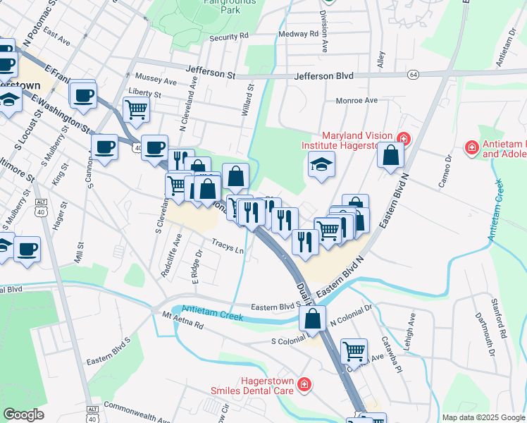 map of restaurants, bars, coffee shops, grocery stores, and more near 20 Manor Dr in Hagerstown