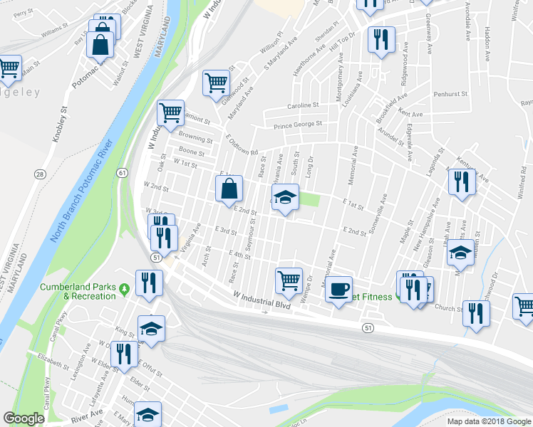 map of restaurants, bars, coffee shops, grocery stores, and more near 135 Pennsylvania Avenue in Cumberland