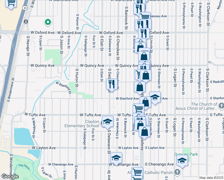 map of restaurants, bars, coffee shops, grocery stores, and more near 4450 S Delaware St in Englewood