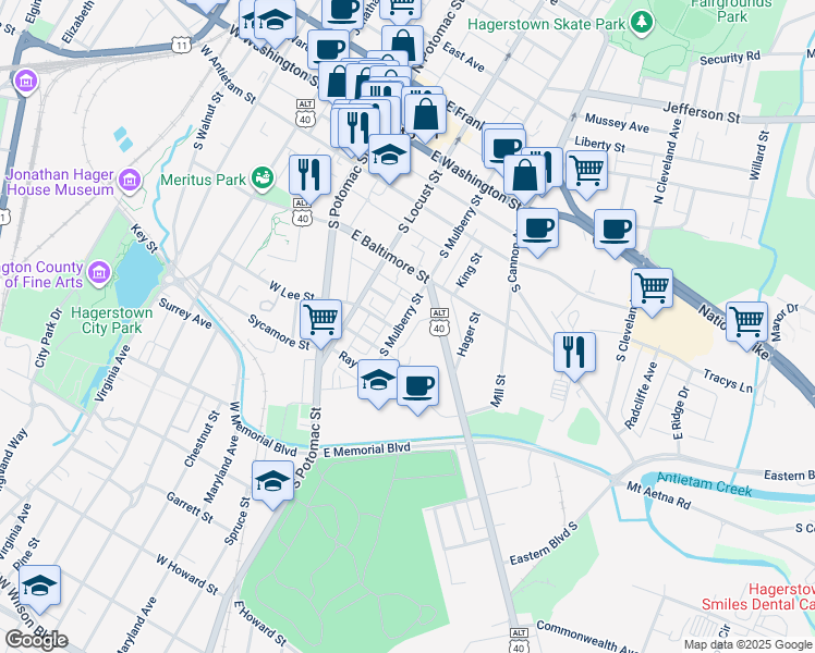 map of restaurants, bars, coffee shops, grocery stores, and more near 252 South Mulberry Street in Hagerstown