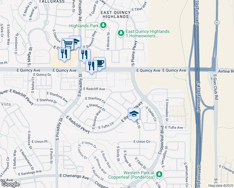 map of restaurants, bars, coffee shops, grocery stores, and more near 22572 East Radcliff Drive in Aurora