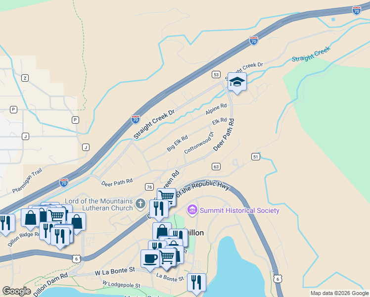 map of restaurants, bars, coffee shops, grocery stores, and more near 75 County Road 54 in Dillon