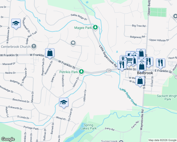 map of restaurants, bars, coffee shops, grocery stores, and more near 3764 West Franklin Street in Bellbrook