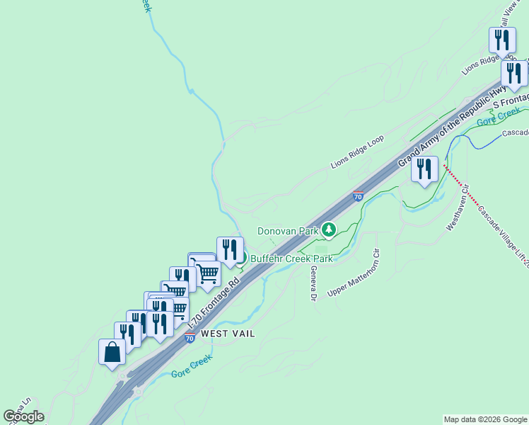 map of restaurants, bars, coffee shops, grocery stores, and more near 1874-1878 Lions Ridge Loop in Vail
