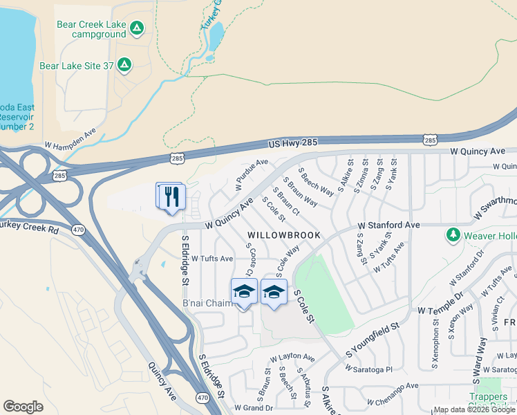 map of restaurants, bars, coffee shops, grocery stores, and more near 4314 South Cole Court in Morrison