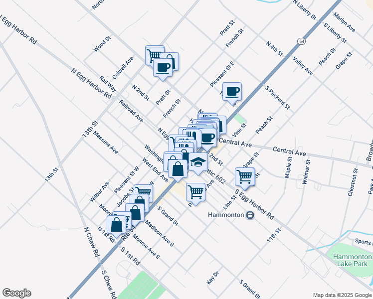 map of restaurants, bars, coffee shops, grocery stores, and more near 15 North Egg Harbor Road in Hammonton