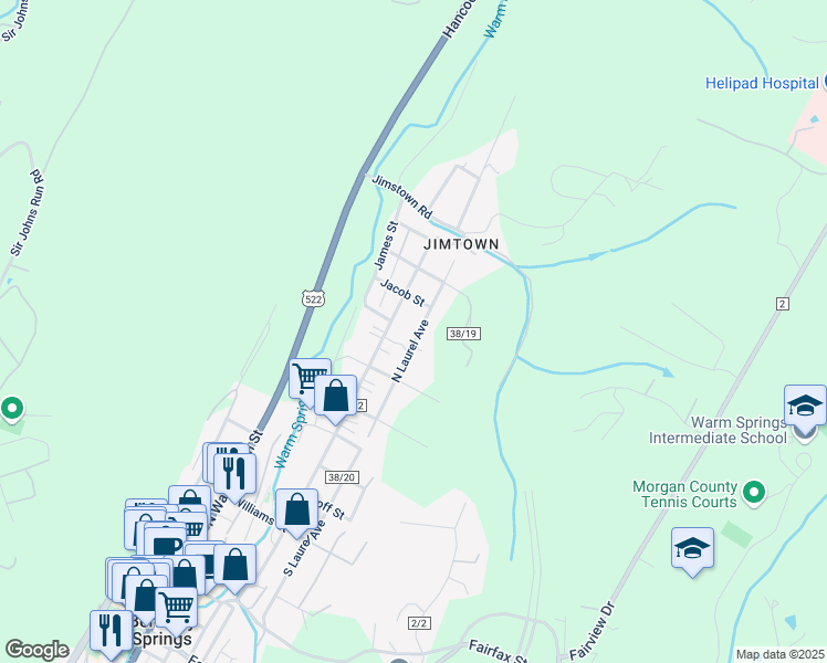 map of restaurants, bars, coffee shops, grocery stores, and more near 229 North Laurel Avenue in Berkeley Springs