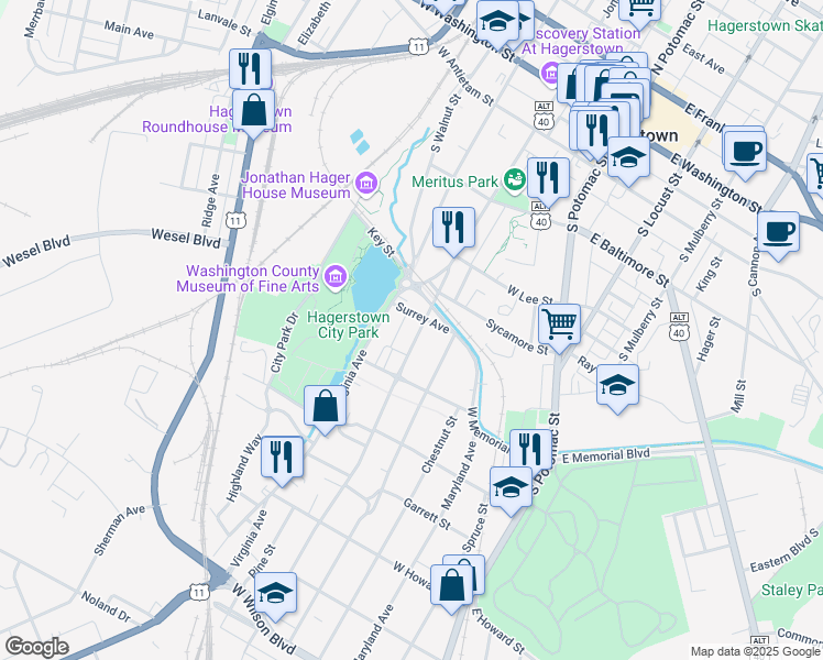 map of restaurants, bars, coffee shops, grocery stores, and more near 413 Summit Avenue in Hagerstown