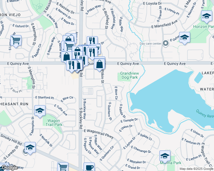 map of restaurants, bars, coffee shops, grocery stores, and more near 17375 East Rice Circle in Aurora