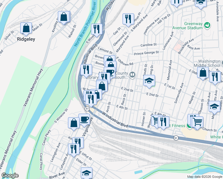 map of restaurants, bars, coffee shops, grocery stores, and more near 209 Arch Street in Cumberland