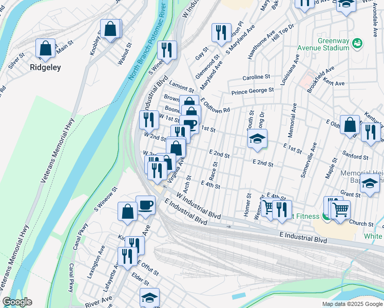 map of restaurants, bars, coffee shops, grocery stores, and more near 209 Arch Street in Cumberland