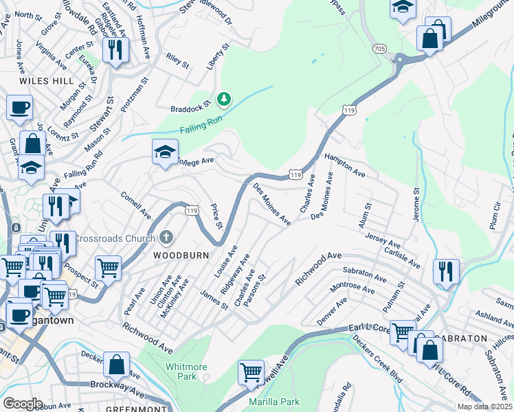 map of restaurants, bars, coffee shops, grocery stores, and more near 1153 Louise Avenue in Morgantown