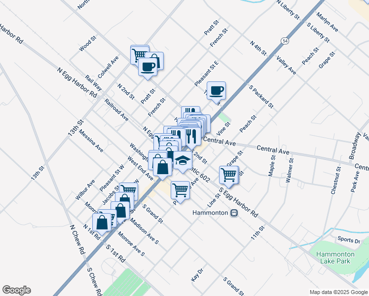 map of restaurants, bars, coffee shops, grocery stores, and more near 6 North 2nd Street in Hammonton