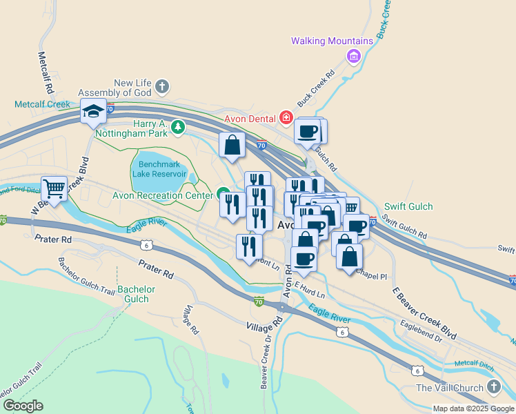 map of restaurants, bars, coffee shops, grocery stores, and more near 100 West Beaver Creek Boulevard in Avon