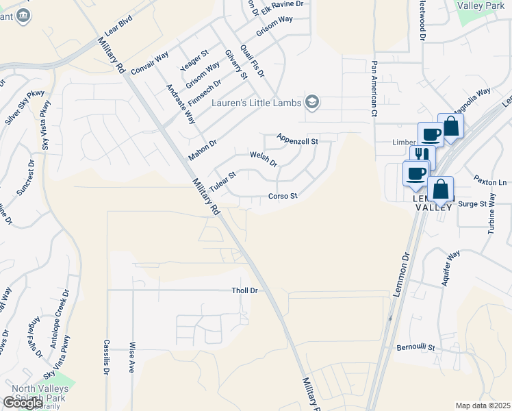 map of restaurants, bars, coffee shops, grocery stores, and more near 8675 Villano Court in Reno