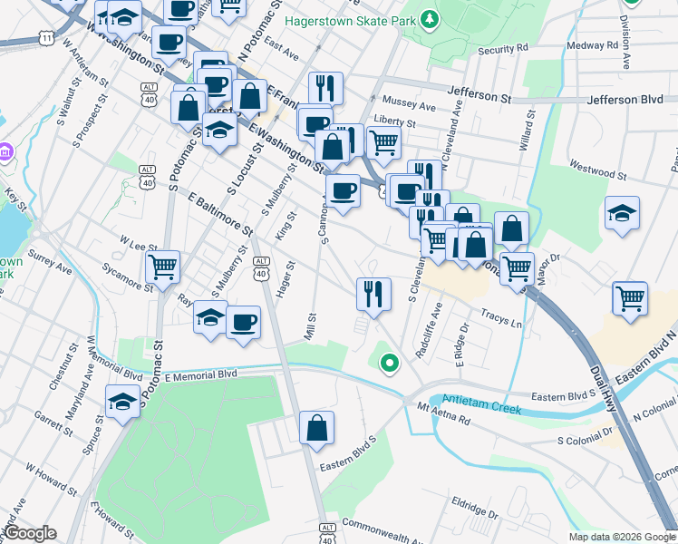 map of restaurants, bars, coffee shops, grocery stores, and more near 351 South Cannon Avenue in Hagerstown