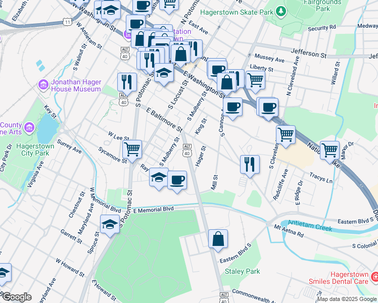 map of restaurants, bars, coffee shops, grocery stores, and more near 244 U.S. 40 Alternate in Hagerstown