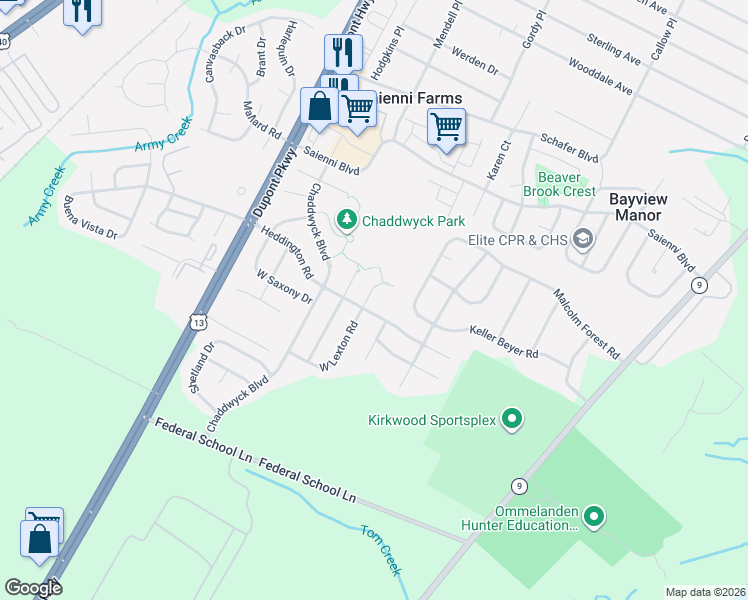 map of restaurants, bars, coffee shops, grocery stores, and more near 1 East Lexton Road in New Castle