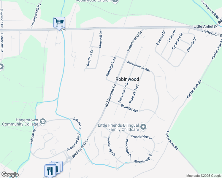 map of restaurants, bars, coffee shops, grocery stores, and more near 11718 Robinwood Drive in Hagerstown