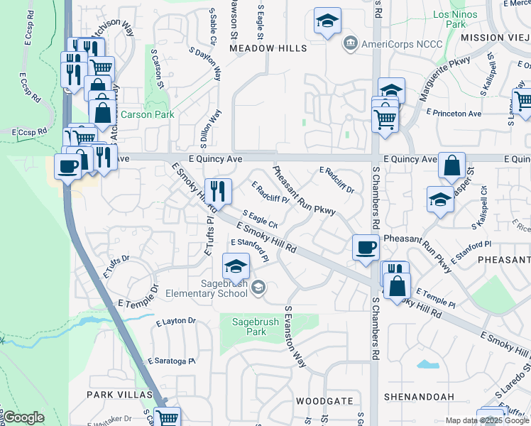 map of restaurants, bars, coffee shops, grocery stores, and more near 4446 South Eagle Circle in Aurora