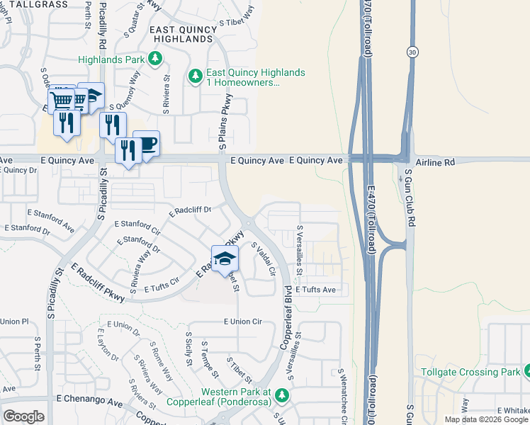 map of restaurants, bars, coffee shops, grocery stores, and more near 22600 East Radcliff Parkway in Aurora