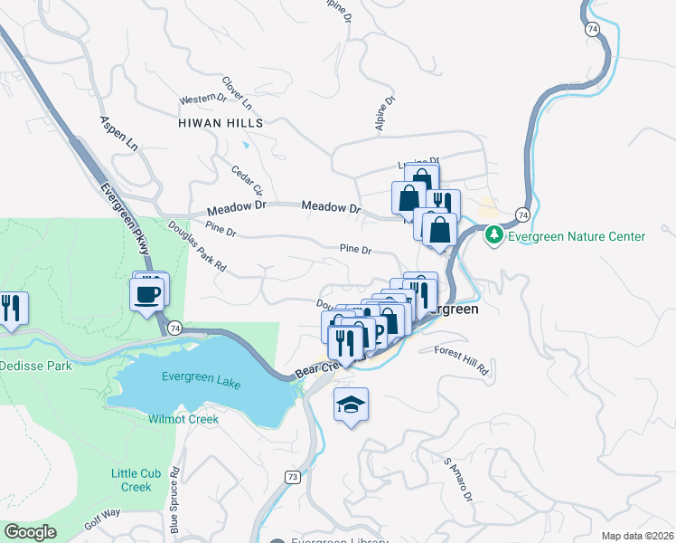 map of restaurants, bars, coffee shops, grocery stores, and more near 28224 Pipe Bearer Lane in Evergreen