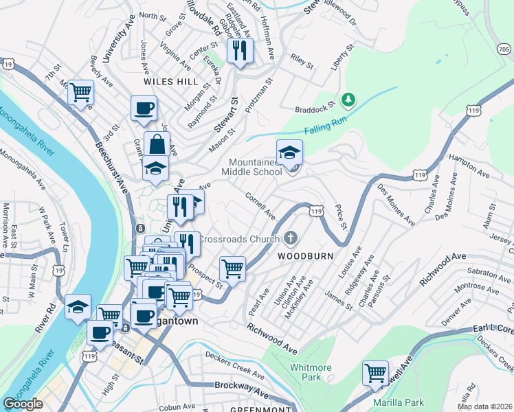 map of restaurants, bars, coffee shops, grocery stores, and more near 902 Stanton Avenue in Morgantown