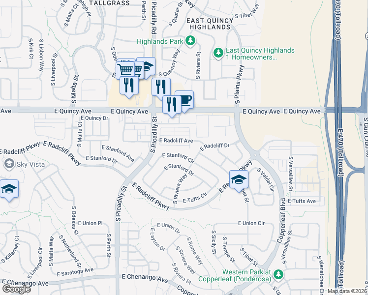 map of restaurants, bars, coffee shops, grocery stores, and more near 21886 East Radcliff Circle in Aurora