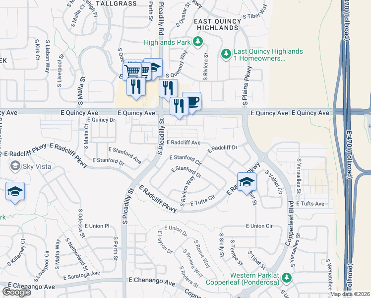 map of restaurants, bars, coffee shops, grocery stores, and more near 21886 East Radcliff Circle in Aurora
