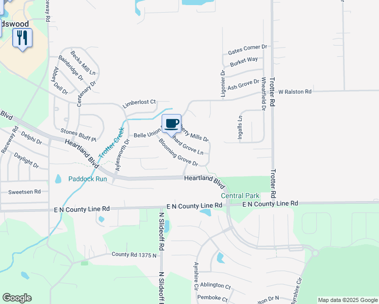 map of restaurants, bars, coffee shops, grocery stores, and more near 8647 Orchard Grove Lane in Indianapolis