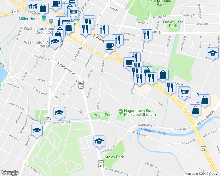 map of restaurants, bars, coffee shops, grocery stores, and more near 356 South Cannon Avenue in Hagerstown