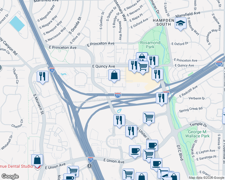 map of restaurants, bars, coffee shops, grocery stores, and more near 4400 South Quebec Street in Denver