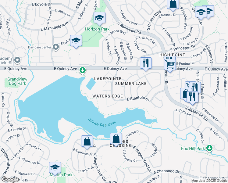 map of restaurants, bars, coffee shops, grocery stores, and more near 4428 South Argonne Way in Aurora