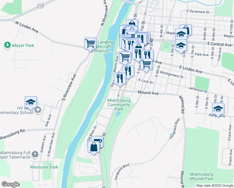 map of restaurants, bars, coffee shops, grocery stores, and more near 415 South Main Street in Miamisburg