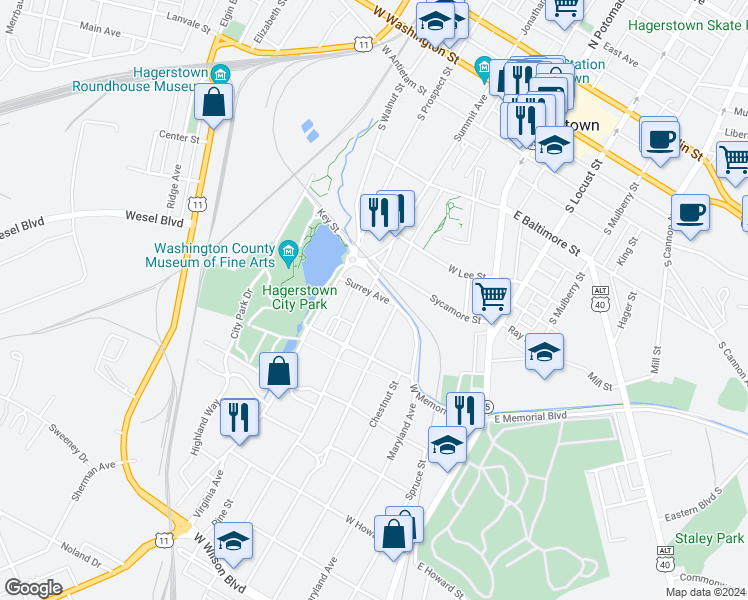 map of restaurants, bars, coffee shops, grocery stores, and more near 402 Summit Avenue in Hagerstown