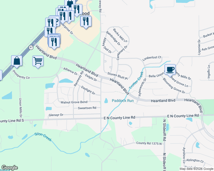 map of restaurants, bars, coffee shops, grocery stores, and more near 9223 Delphi Court in Indianapolis