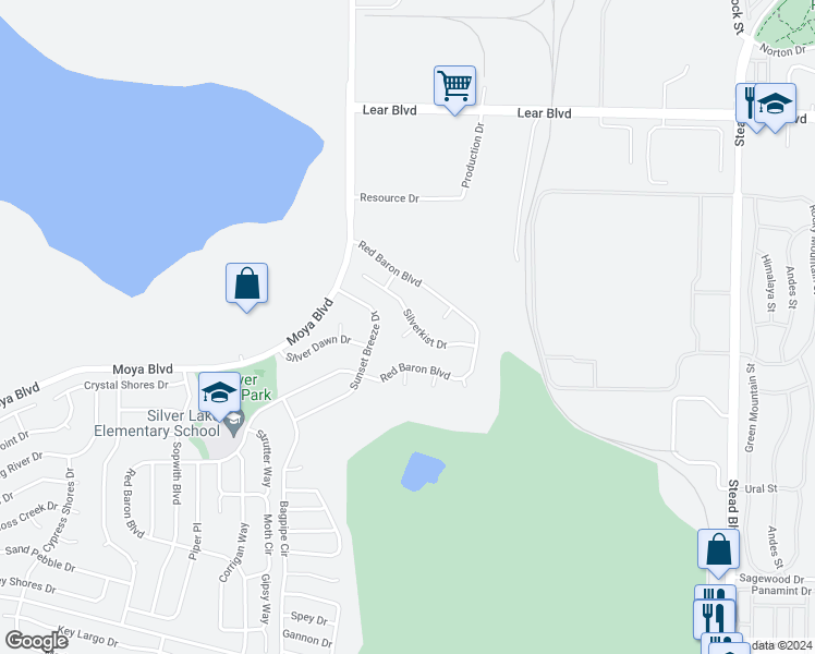 map of restaurants, bars, coffee shops, grocery stores, and more near 8865 Silverkist Drive in Reno