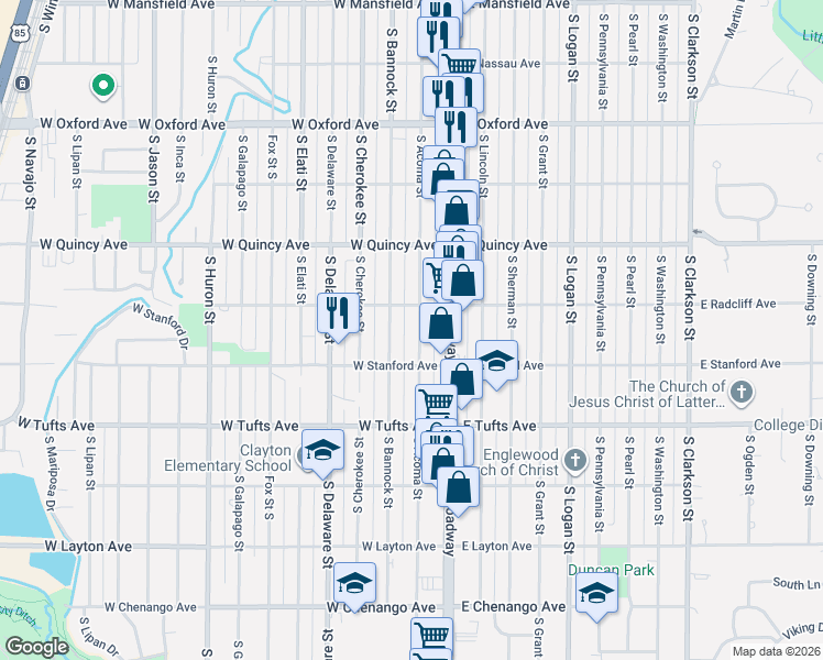 map of restaurants, bars, coffee shops, grocery stores, and more near 4443 South Acoma Street in Englewood