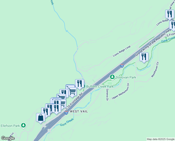 map of restaurants, bars, coffee shops, grocery stores, and more near 1878 Lions Ridge Loop in Vail